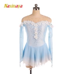 Figure Skating Competition Training Dress Customized Girls' Light Blue Long Sleeve Artistic Gymnastics Performance White Flowers