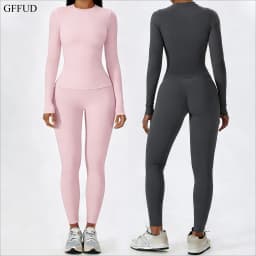 Women Yoga Set 2 Piece Long Sleeve Naked Feeling Slim Fit Athletic Top High Waist Compression Leggings Gym Activewear