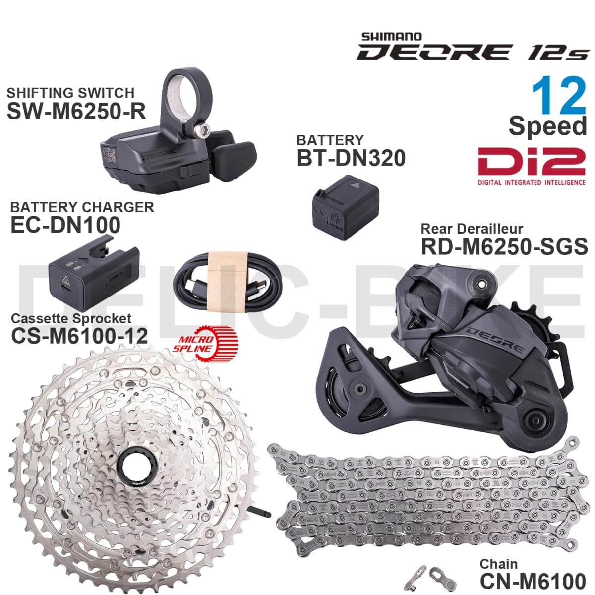 SHIMANO DEORE M6200 Di2 12 Speed Groupset SW-M6250-R RD-M6250 CS-M6100 CN-M6100 EC-DN100 BT-DN320 Original Parts