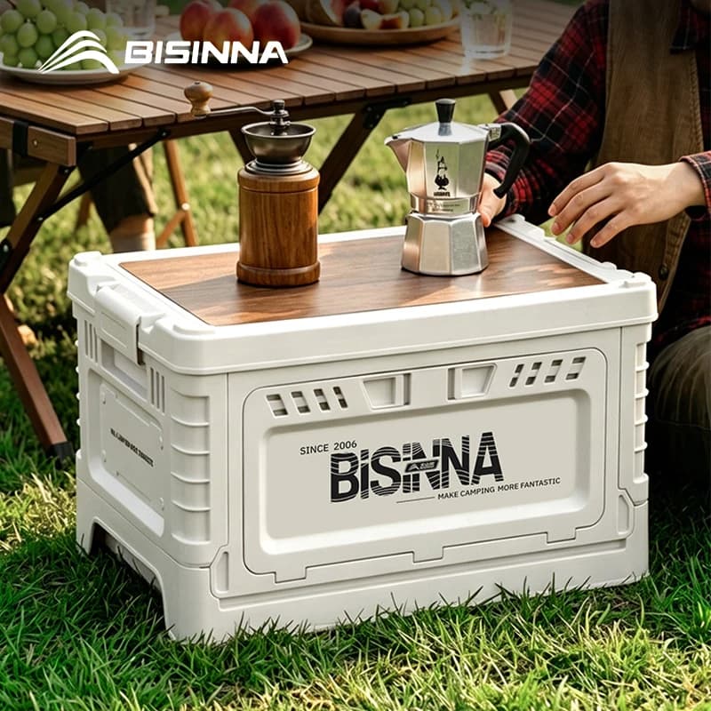 BISINNA Camping Box 30L/60L Large Capacity Folding Storage Box Car Trunk Wooden Lid Home Bedside Table for Outdoor Picnic Travel