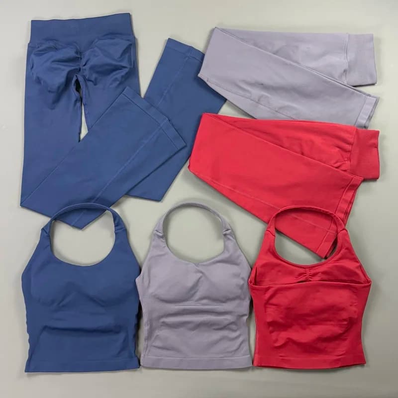 2Pcs Flare Leggings Set Seamless Halter Sports Top and Solid Women Hip Lifting Flared Pants Set for Workout Fitness Clothingv