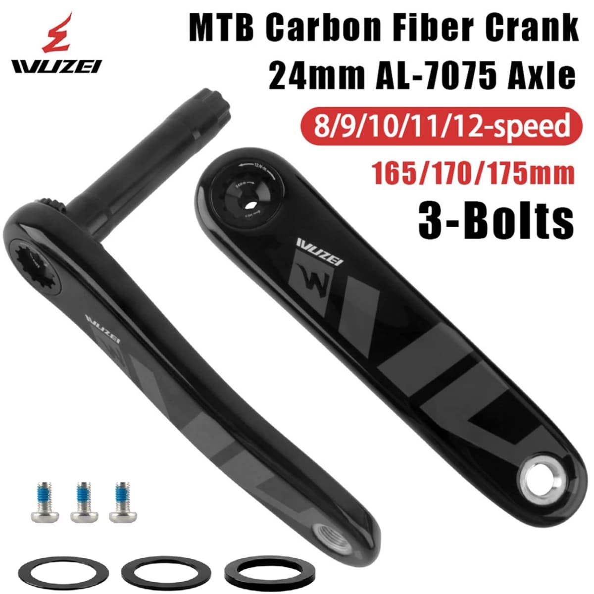 WUZEI Carbon Fiber MTB Crank 3 Bolts Direct Mount Mountain Bicycle Sprocket 165 170 175mm Bike Crank Arm 24mm AL7075 Axle