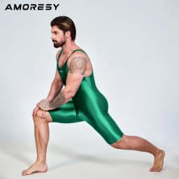 AMORESY Men Sexy Glossy Smooth Bodybuilder Singlet Sleeveless Running Catsuits Fitness Yoga Sports Jumpsuit Cycling Solid Tights