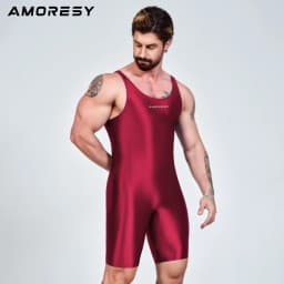 AMORESY Men Sexy Glossy Smooth Bodybuilder Singlet Sleeveless Running Catsuits Fitness Yoga Sports Jumpsuit Cycling Solid Tights