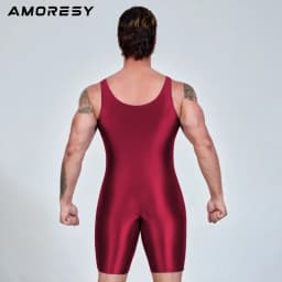 AMORESY Men Sexy Glossy Smooth Bodybuilder Singlet Sleeveless Running Catsuits Fitness Yoga Sports Jumpsuit Cycling Solid Tights