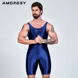 AMORESY Men Sexy Glossy Smooth Bodybuilder Singlet Sleeveless Running Catsuits Fitness Yoga Sports Jumpsuit Cycling Solid Tights