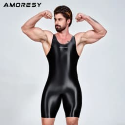 AMORESY Men Sexy Glossy Smooth Bodybuilder Singlet Sleeveless Running Catsuits Fitness Yoga Sports Jumpsuit Cycling Solid Tights