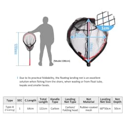 NOEBY Folding Landing Net 60cm×50cm Carbon Handle Floating Net 122cm Boat Float Tube Fishing Tackle