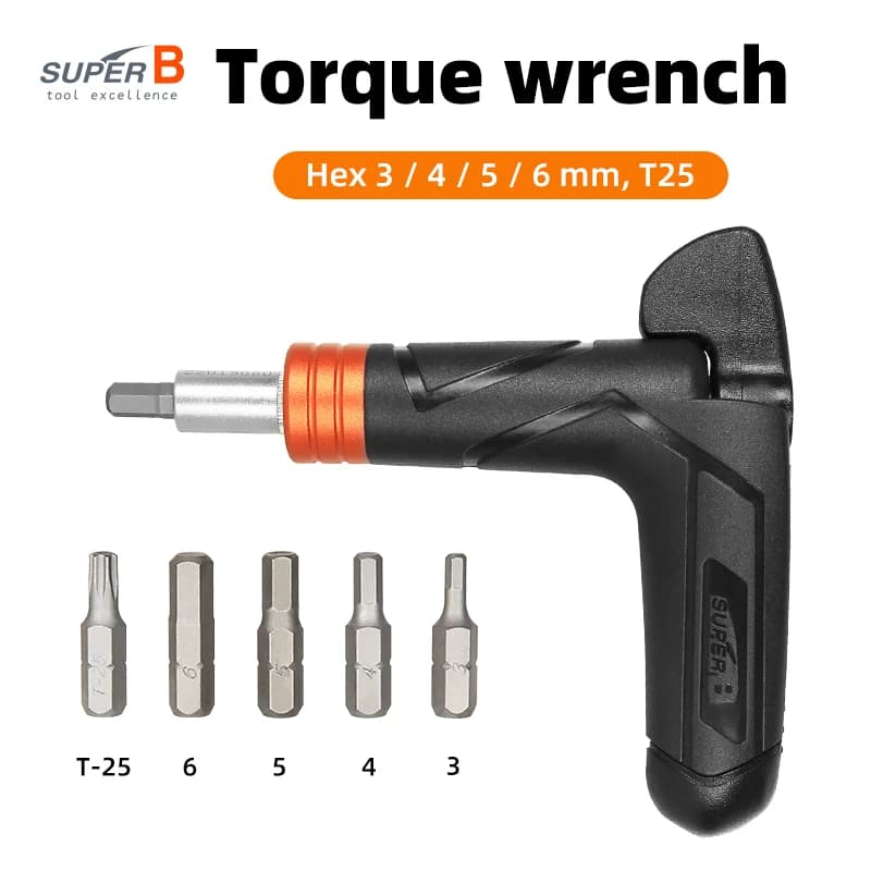 Super B Bicycle Repair Tool Thumb Adjustable Torque Wrench 4 / 5 / 6 Nm Include Hex 3/4/5/6mm/T25 Ergonomic L-shaped Handle
