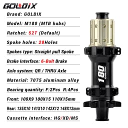 GOLDIX M180 52T Ratchet Bicycle Hub 6-Bolt Disc Brake 28Hole Straight pull Spoke Sealed Bearing HG/XD/MS Hub body 142X12 148X12