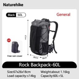 Naturehike Hiking Backpack 60+5L Large Capacity Rock Series 2.0 Outdoor Sports Bag Camping Climbing Travel Waterproof Bagpack