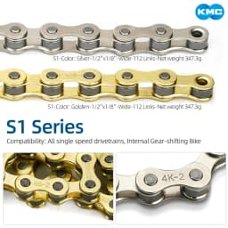 KMC Bike Chain Single Speed Chains K1 Fixed Gear BMX Z1 Bicycle Chain 1/2"x1/8" 3/32" 112 Links for Shimano