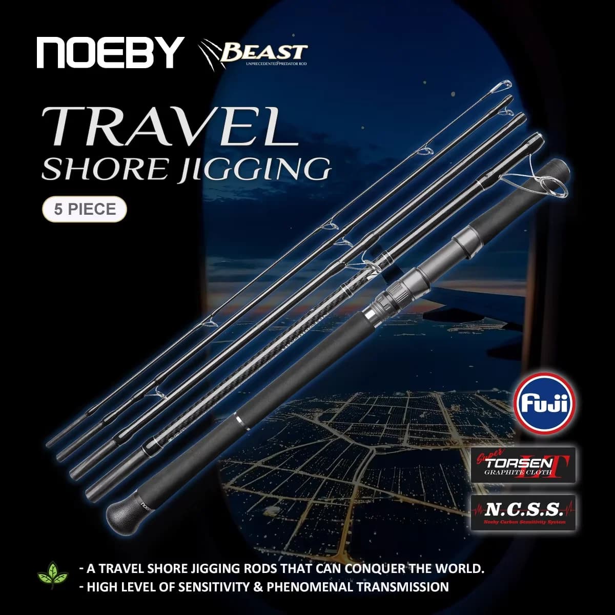Noeby 2.7m/2.9m 5-Section Beast Travel Shore Jigging Fishing Rod Drag 10kg Lure 80g Fuji Spinning Rod Set for Boarding