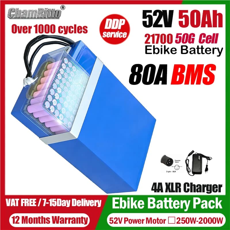 Electric bicycle 52V 2000W chamrider battery 52V 20ah 25ah 30ah 35ah 40ah 50ah Electric vehicle 1500W 1000W 750W Lithium Battery
