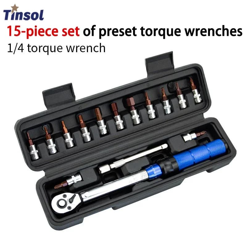 New 15Pcs Set Bicycle Torque Wrench Set 1/4" 2-24Nm Dual Direction Bike Allen Key Tool Socket Preset Type Spanner Pro Repair