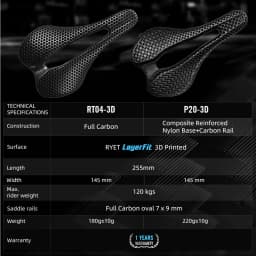 2026 RYET Carbon 3D Printed Bike Saddle, 145mm Light Road MTB Mountain Racing Bicycle Seat Cushion Cycling Seating Accessories