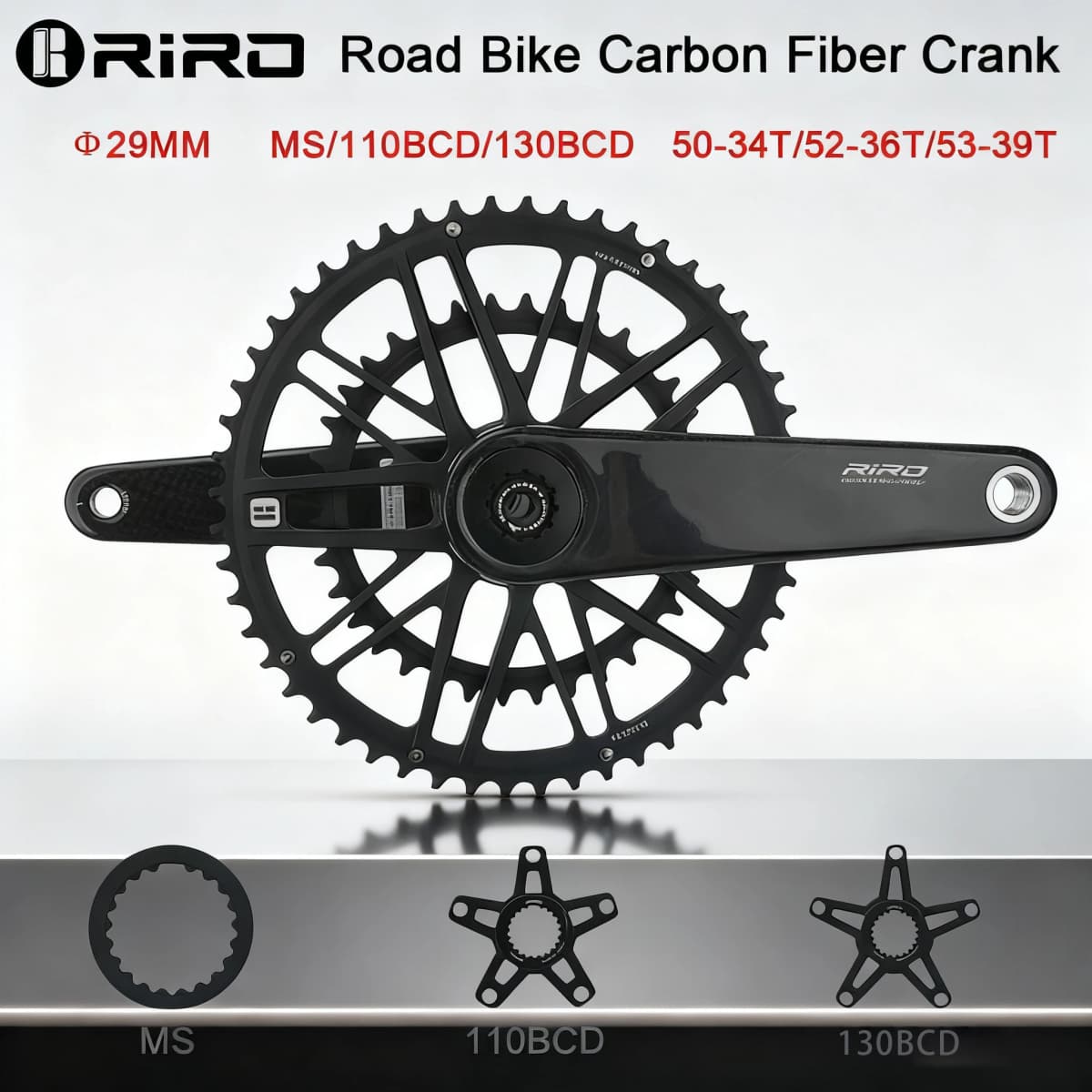 RIRO Carbon Fiber Road Crankset 29MM 50-34/52-36/53-39T Compatible with 11/12 Speed Shimano Direct Mount /110/130BCD Chainrings