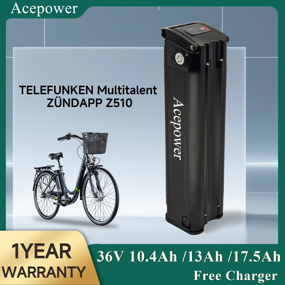 Ebike Battery Akku for Telefunken Multitalent Zundapp Z510 36V 10.4Ah 13Ah 17.5Ah Silver Fish Battery for Telefunken Multitalent