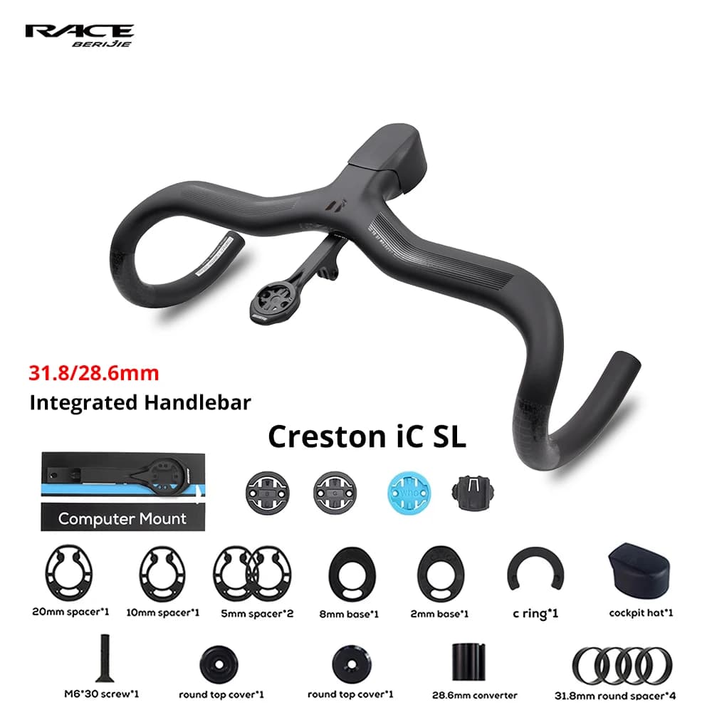 RACE Creston IC SL Full Carbon Handlebar Internal Routing Road Bicycle Handlebar, -6°, Matte Black Integrated Cockpit With Mount