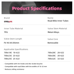 10 Pcs CYCLAMI Bike Inner Tube Stainless Steel Valve French Presta Pink TPU For Road Bicycle Tire 700C 700 X 18 23 25 28 30 32 C