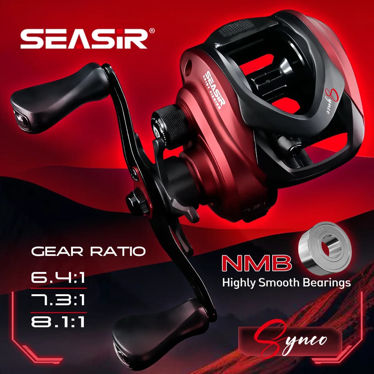 SEASIR SYNCO Baitcasting Reel 6.4/7.3/8.1 Gear Ratio Brass Gear NMB Bearings 5+1 Resistant 8kg Drag Saltwater Fishing Reel