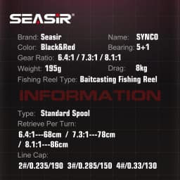 SEASIR SYNCO Baitcasting Reel 6.4/7.3/8.1 Gear Ratio Brass Gear NMB Bearings 5+1 Resistant 8kg Drag Saltwater Fishing Reel