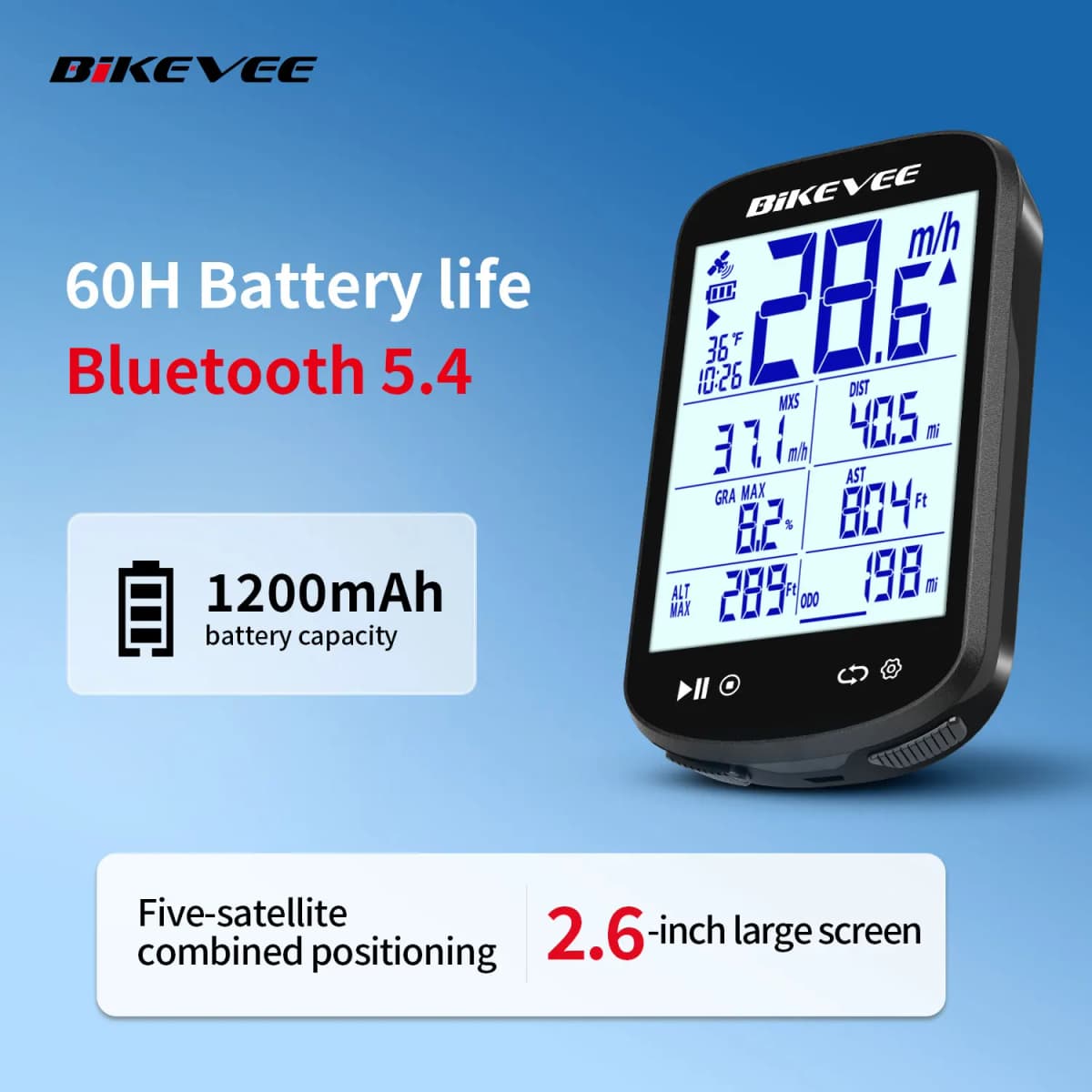 Multifunctional Smart Bluetooth Wireless GPS Bike Computer 2.6" LCD Large-Screen Digital Display with Auto Backlight Speedometer