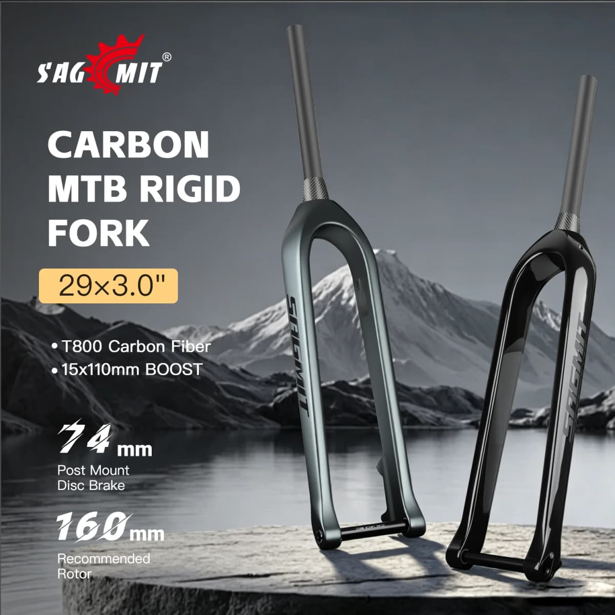 SAGMIT Carbon MTB Hard Fork Bicycle T800 Mountain Bike Fork 15x110mm Boost Compatible with 29x3.0 Tires Ultra Light 650g Fork