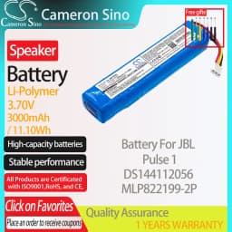 CameronSino Battery for JBL Pulse 1 fits JBL DS144112056 MLP822199-2P Speaker Battery 3000mAh/11.10Wh 3.70V Li-Polymer Blue