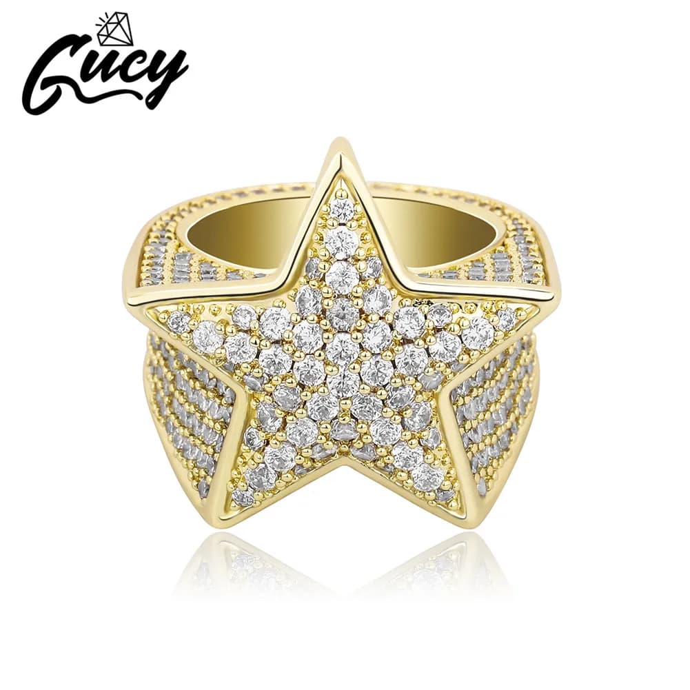 GUCY Hip Hop Five Star Ring Micro Pave Iced Cubic Zircon Jewelry For Men Gift Ring
