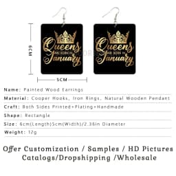 SOMESOOR Black Queen Are Born In 12 Months Wooden Drop Earrings Golden Crown Printed African Dangle For Women Birthday Gifts