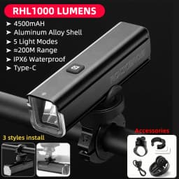 ROCKBROS Bike Front Light 1000LM 4500mAH Lamp Flashlight Type-C Bicycle Light Multi Install Headlights MTB Road Cycling Light