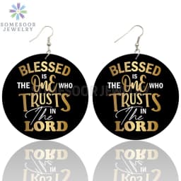 SOMESOOR Blessed And Trust Sayings Printed Wooden Drop Earrings Melanin Definition Loops Dangle Jewelry For Black Women Gifts