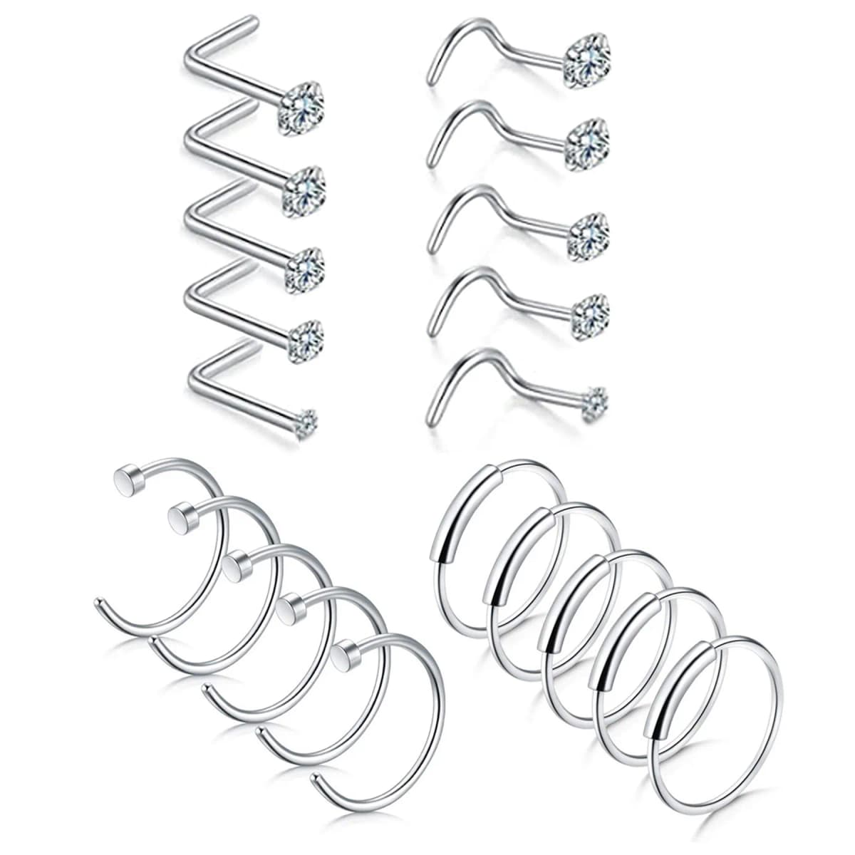 BONISKISS 20G CZ Nose Rings HoopStainless Steel Nose Rings Studs Screw Opal Nose Studs C-Shaped Nose Piercing Hoop Jewelry 22pcs