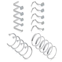 BONISKISS 20G CZ Nose Rings HoopStainless Steel Nose Rings Studs Screw Opal Nose Studs C-Shaped Nose Piercing Hoop Jewelry 22pcs