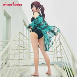 Haikyuu Women Cosplay Two Piece Anime Swimsuit V Neck High Waist Lace Up Bathing Suit Swimwear Kimono Cover Up
