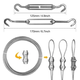 Shade Sail Hardware Kit with 15M Cable Wire Stainless Steel Awning Canopy Installation Kit Turnbuckles Eye Hook Kit for Garden