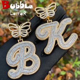 Bubble Letter Initial Necklace for Women Iced Out Baguette Pendant Cursive Prong Setting Butterfly Bail Hip Hop Jewelry