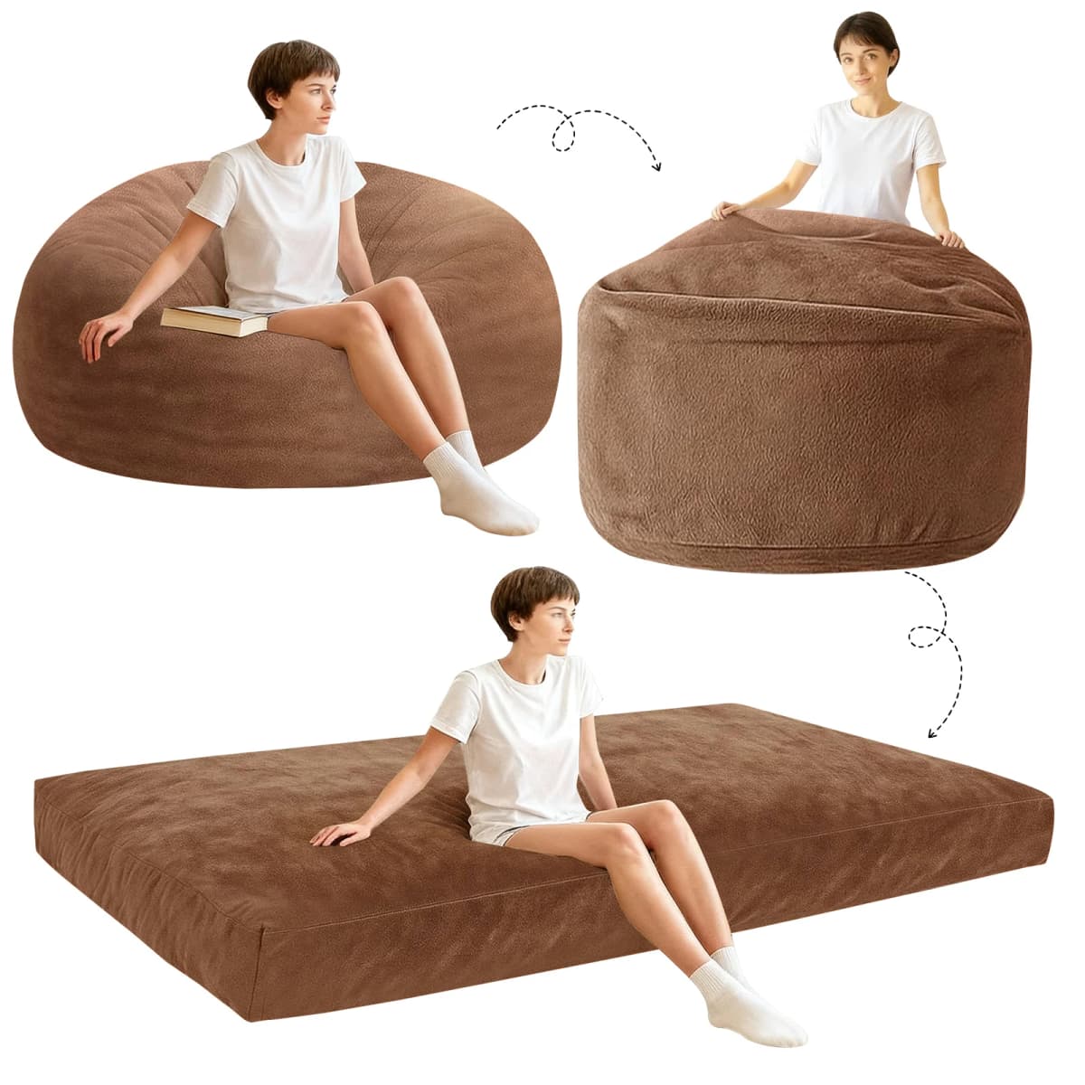 3-in-1 Adult Single Bean Bag Chair Bed, Memory Foam Convertible Lounger, Folds to Floor Mattress, Soft Washable Faux Fur Cover