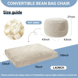 3-in-1 Adult Single Bean Bag Chair Bed, Memory Foam Convertible Lounger, Folds to Floor Mattress, Soft Washable Faux Fur Cover