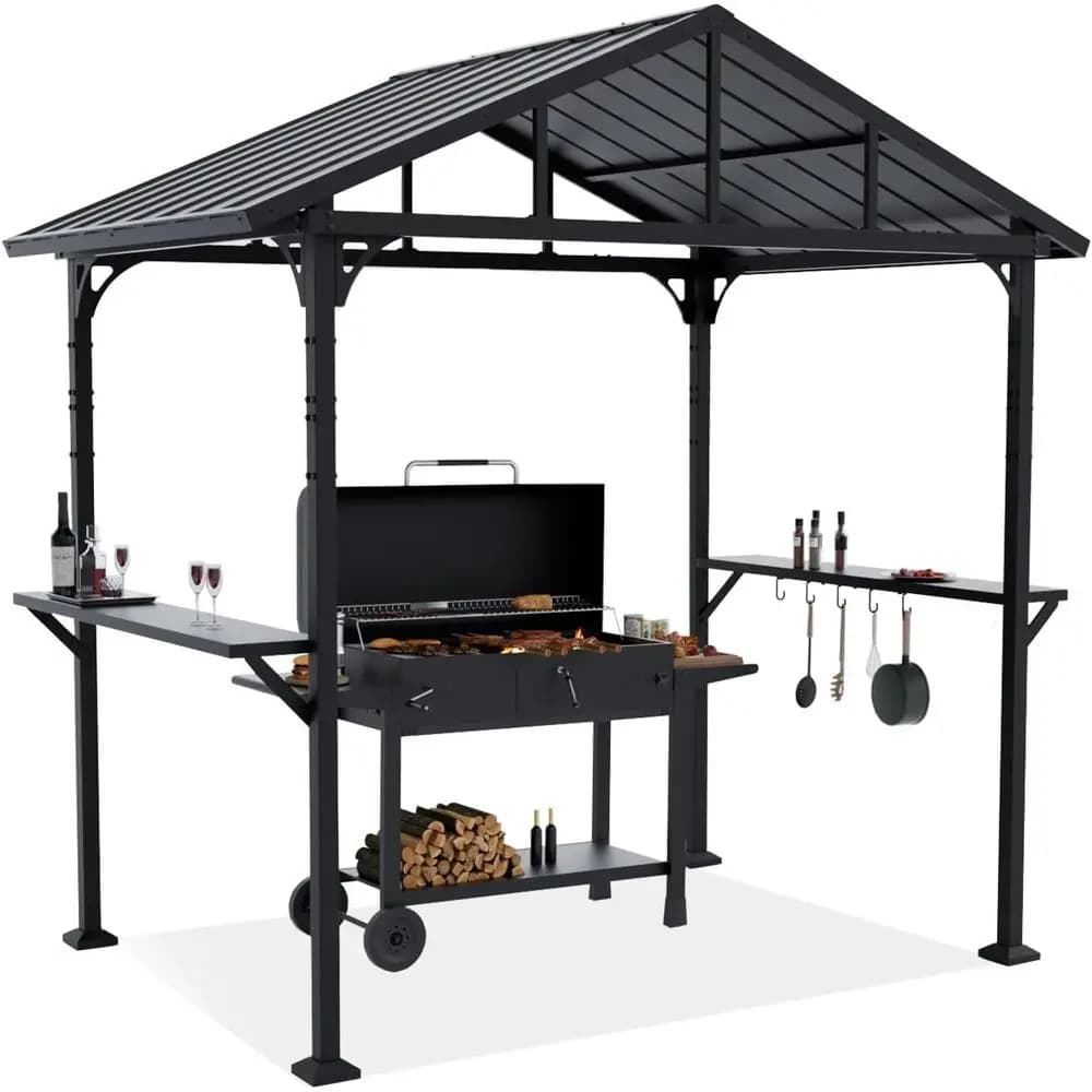 Outdoor Metal BBQ Gazebo with 2 Side Shelves & 5 Tool Hooks for Patio, Garden, Backyard, Poolside