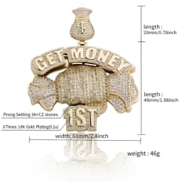 GUCY  Get Money Pendant Necklace Charms Tennis Chain Gold Color Cubic Zircon Men's Hip Hop Jewelry