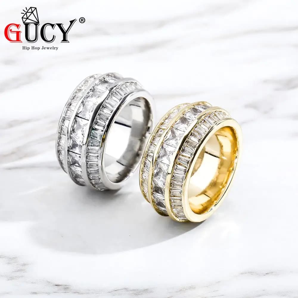 GUCY Bling Baguette Zircon Men's Ring Copper Charm Gold Silver Color Party RING Fashion Hip Hop Rock Jewelry