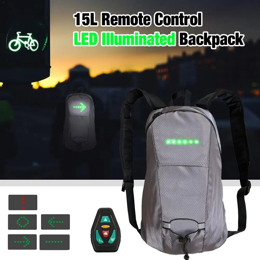 15L with Turn Signal USB Rechargeable Bag LED Light Backpack for Safe Night Riding Remote Control LED Illuminated Backpack