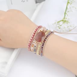 Strawberry Quartz Crystal Stone Wrap Bracelet for Women Natural Gemstone Beaded Real Leather Handmade Strand Bracelet for Lover