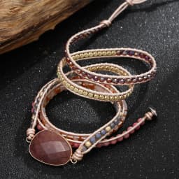 Strawberry Quartz Crystal Stone Wrap Bracelet for Women Natural Gemstone Beaded Real Leather Handmade Strand Bracelet for Lover