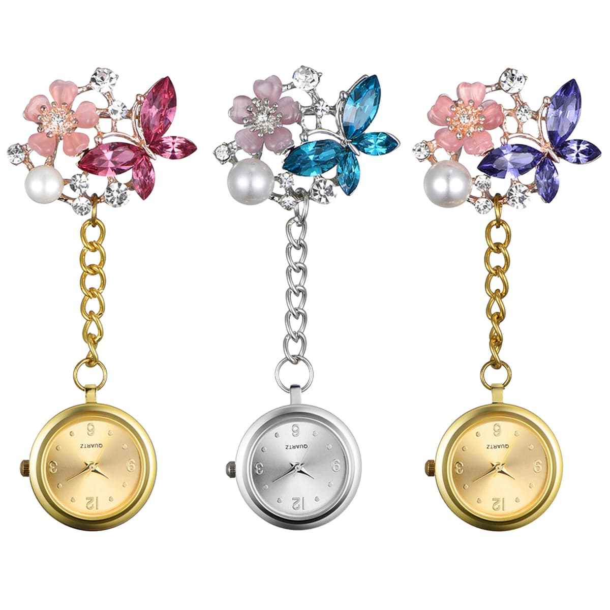 LANCARDO New Arrival Lovely Crystal Butterfly Pocket Medical Nurse Watch 3 Color Pendant Hanging Quartz Clock relogio de bolso