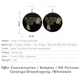 SOMESOOR Inspired Words Engraved African Wooden Drop Earrings Laser Cutting Carved Black Sayings Loops Dangle Jewelry For Women