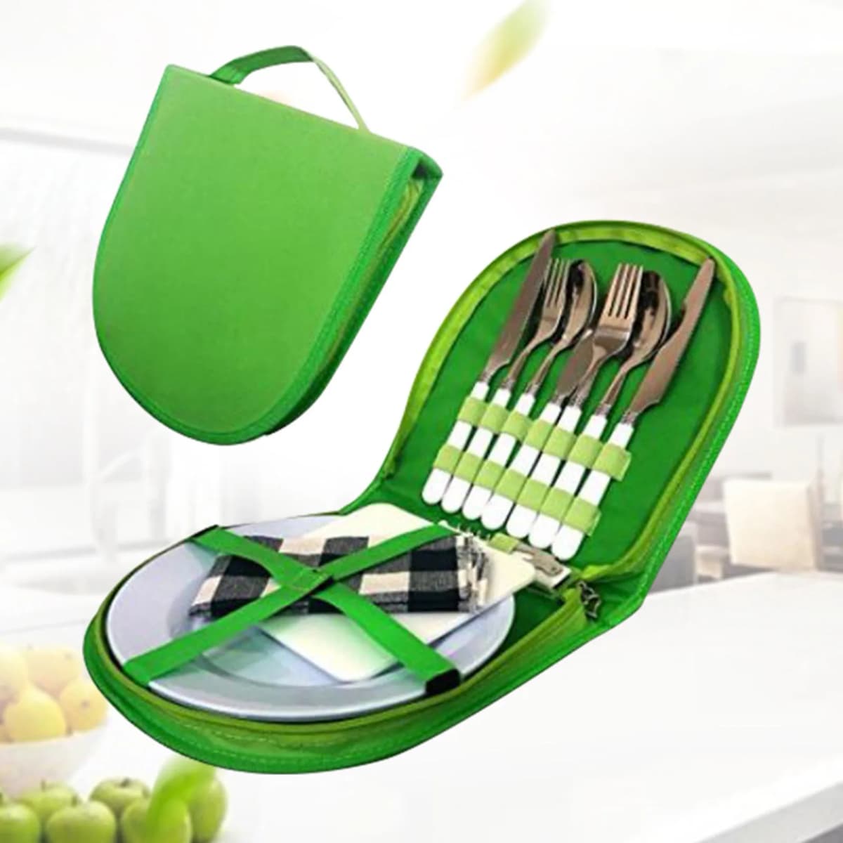 Camping Silverware Kit Stainless Steel Plate Spoon Wine Opener Fork Napkin Outdoor Picnic Kitchen BBQ Travel Utensil Picnic Set