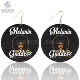 SOMESOOR Melanin Poppin Queen Curly Wooden Drop Earrings Black Girl Magic Goddess Art Printed Afro Loops Dangle For Women Gifts